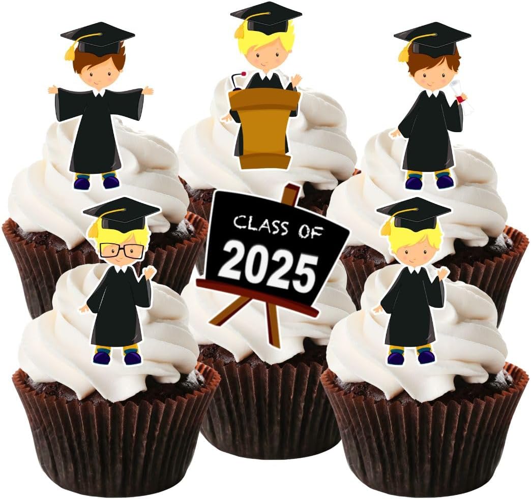 Graduation Boy Mix Edible Cupcake Toppers - Stand Up Wafer Cake Decorations (Pack of 24)