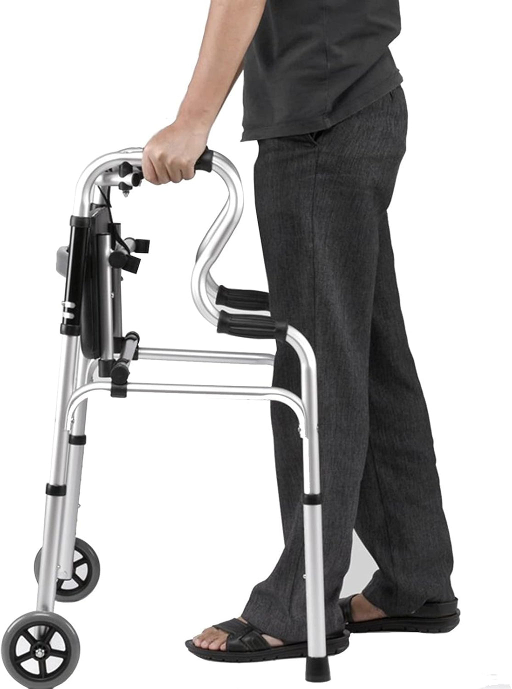 Fold Up Walking Aid with Leather Seat Lightweight Elderly Adult Disabled Women Rollings Adjustable Height Inside/Outside Step Assist Double The Comfort