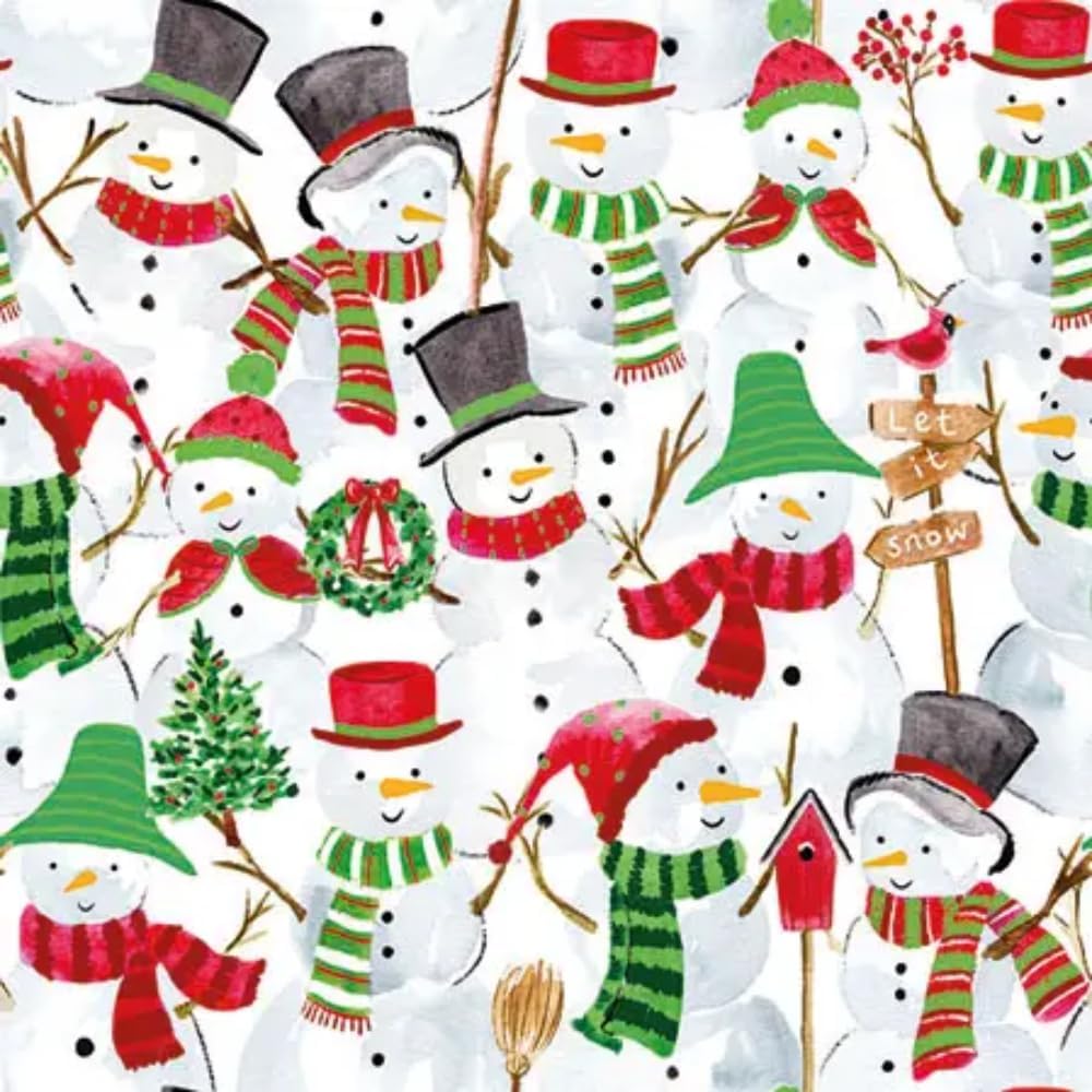 Ambiente Snowman Party Cocktail Napkins, 5 x 5 inches, 20 Count, 3-Ply, Snowmen Design with Hats and Snowy Background, Beverage Napkin, Christmas Party Accessories, White, red