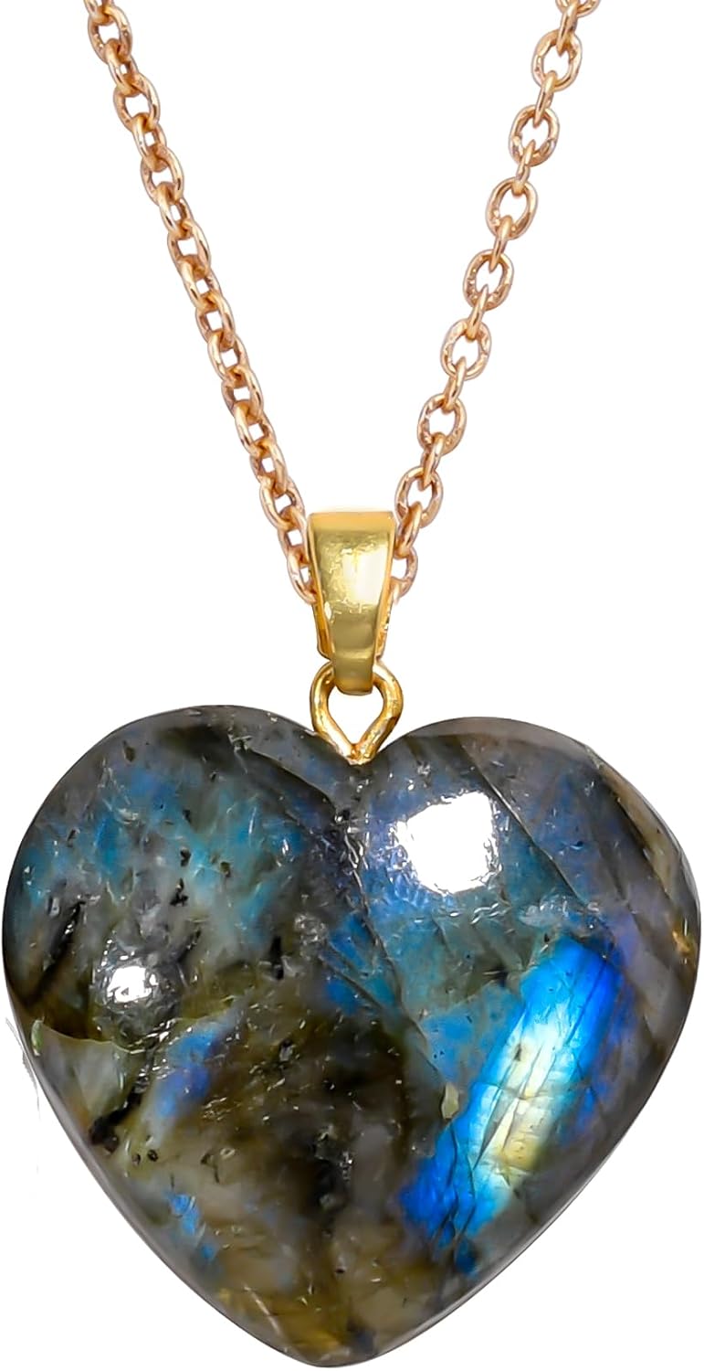 AURA GEMS Labradorite Gemstone Heart Shape Pendant Necklace, Natural Cabochon, Women Jewelry, Energy Healing Crystals, Calm Chakra, Birthstone, Gift for Women, Gold Plated Jewelry 18 inch, AA+ Quality