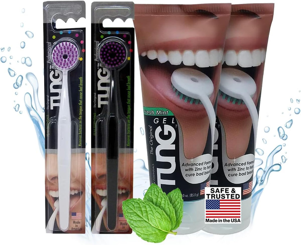 Tung Tongue Cleaning Kit, Tung Brush and Gel, Bad Breath Odor Eliminator, Halitosis Defense, USA Made (Set of 2)