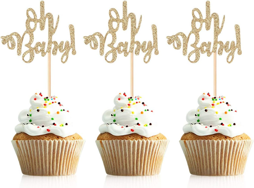 48 Pcs Glitter Oh Baby Cupcake Topper Picks for Baby Shower Party Cake Decorations