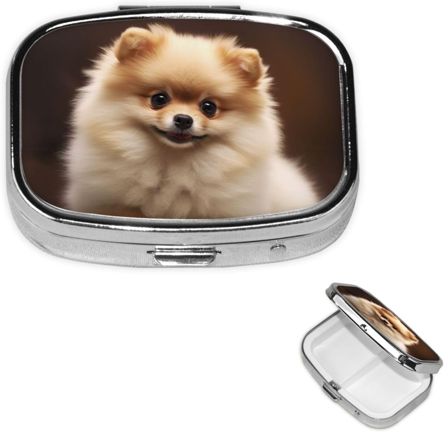 Cute Pomeranian Dog Pill Box 2 Compartment Medicine Pill Organizer Square Pill Case for Purse & Pocket Travel Pillbox Portable Metal Medicine Vitamin Fish Oil Organizer Unique Gift