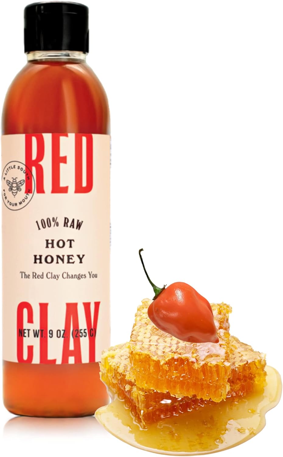 Red Clay Hot Honey - Gluten Free - Paleo Spicy Honey - 100% Pure, Raw Wildflower Honey - Infused Honey with Habanero Peppers - Sweet with a Kick of Heat - Great for Spicy Pizza Topping & More - 9 oz
