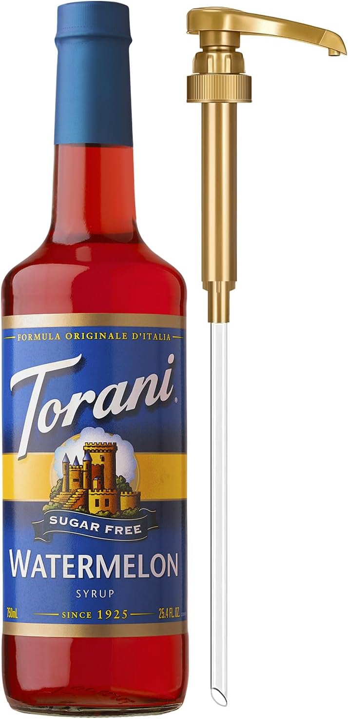 Torani Sugar Free Syrup, Watermelon Flavored Syrup for Drinks, Zero Calorie, Glass Bottle with Pump Included, 25.4 Fl Oz