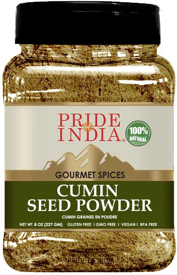 Pride of India – Cumin Seed Ground – Traditional Indian Spice – Seasoning Spice for Curries/Lentils/Chicken/Meat – Easy to Store – 8oz. Medium Dual Sifter Bottle