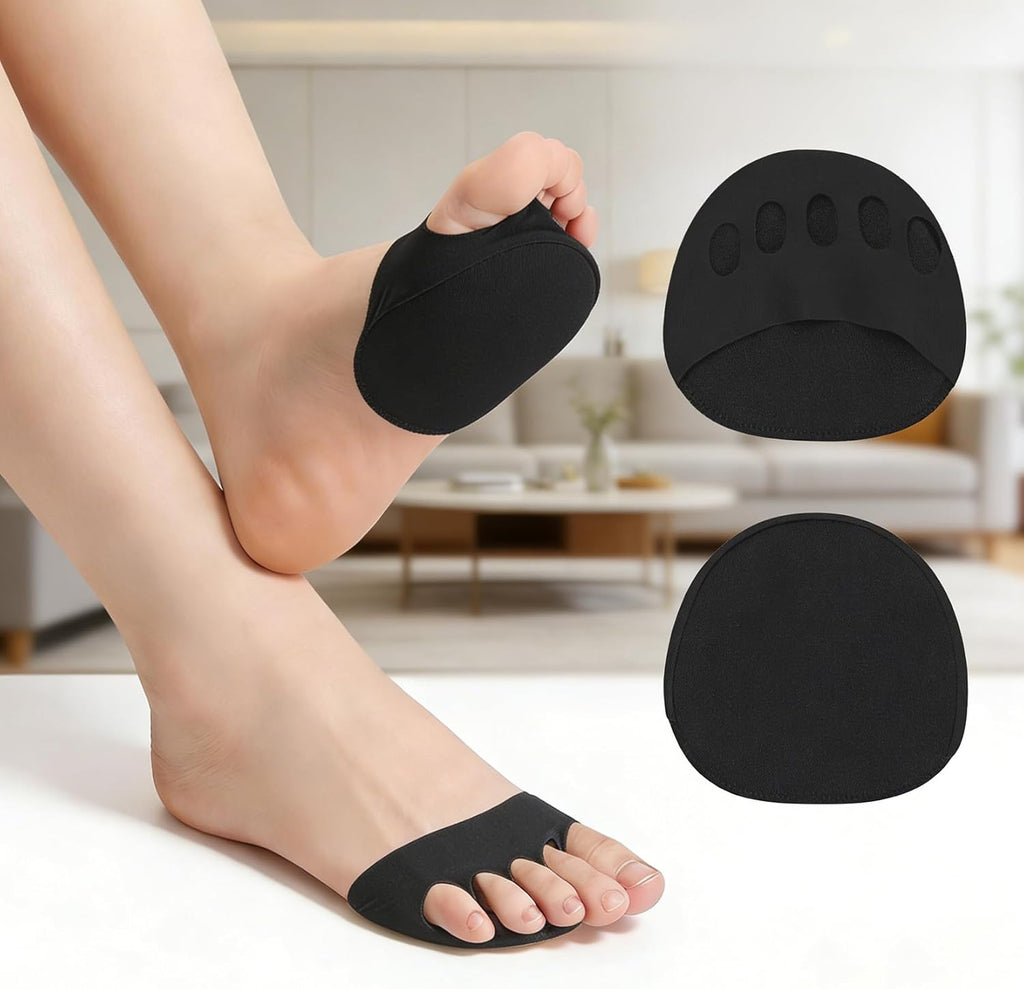 Metatarsal Pads, Ball of Foot Cushion Pads, 2 Pairs, Breathable Five-Toe Half Socks, Anti-Odor Forefoot Support for Women & Men, Fits Heels Sneakers Flats(Black)
