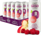 Get More Vits B Vitamins Sparkling Spring Water – Apple & Raspberry, 12 x 330ml Cans – Zero Sugar, Low Calorie Energy Drink – 100% Daily Dose of 6 B-Vitamins (B12, B6, B1, B3, B5, B7) – Vegan & Gluten