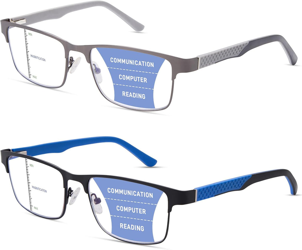 2 Pack Men's Progressive Multifocal Reading Glasses,Rectangle Metal Frame with Spring Hinge Silicone Temple Blue Light Blocking Lenses Computer Readers Anti Eyestrain,2.5x