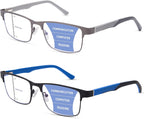 2 Pack Men's Progressive Multifocal Reading Glasses,Rectangle Metal Frame with Spring Hinge Silicone Temple Blue Light Blocking Lenses Computer Readers Anti Eyestrain,2.5x