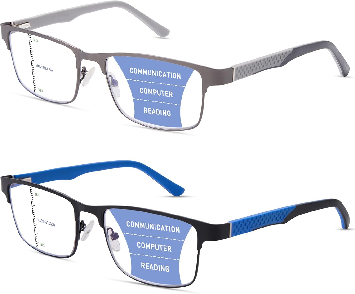 2 Pack Men's Progressive Multifocal Reading Glasses,Rectangle Metal Frame with Spring Hinge Silicone Temple Blue Light Blocking Lenses Computer Readers Anti Eyestrain,2.5x
