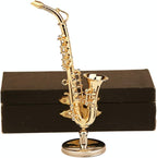 Miniature Saxophone with Stand and Case Brass Mini Musical Instrument Replica Collectible Figurines Dollhouse Accessories Model Home Decorations Ornaments (Alto Saxophone, 3.16"x1.69"x0.63")