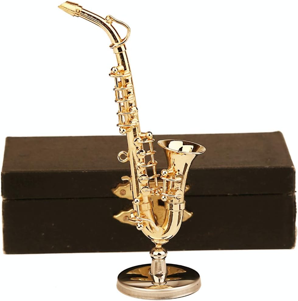 Miniature Saxophone with Stand and Case Brass Mini Musical Instrument Replica Collectible Figurines Dollhouse Accessories Model Home Decorations Ornaments (Alto Saxophone, 3.16"x1.69"x0.63")