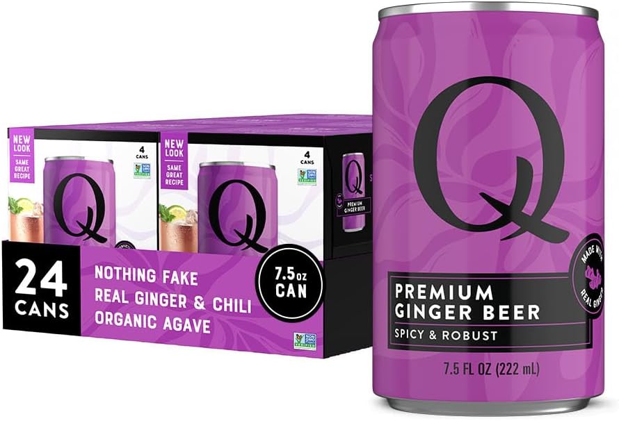 Q GINGER BEER with Real Ginger & Organic Agave - Ideal for Cocktails & Mocktails - Made with Real Ingredients, Perfectly Carbonated & Less Sweet - 80 Calories per Can - 7.5 Fl Oz Cans (Pack of 24)