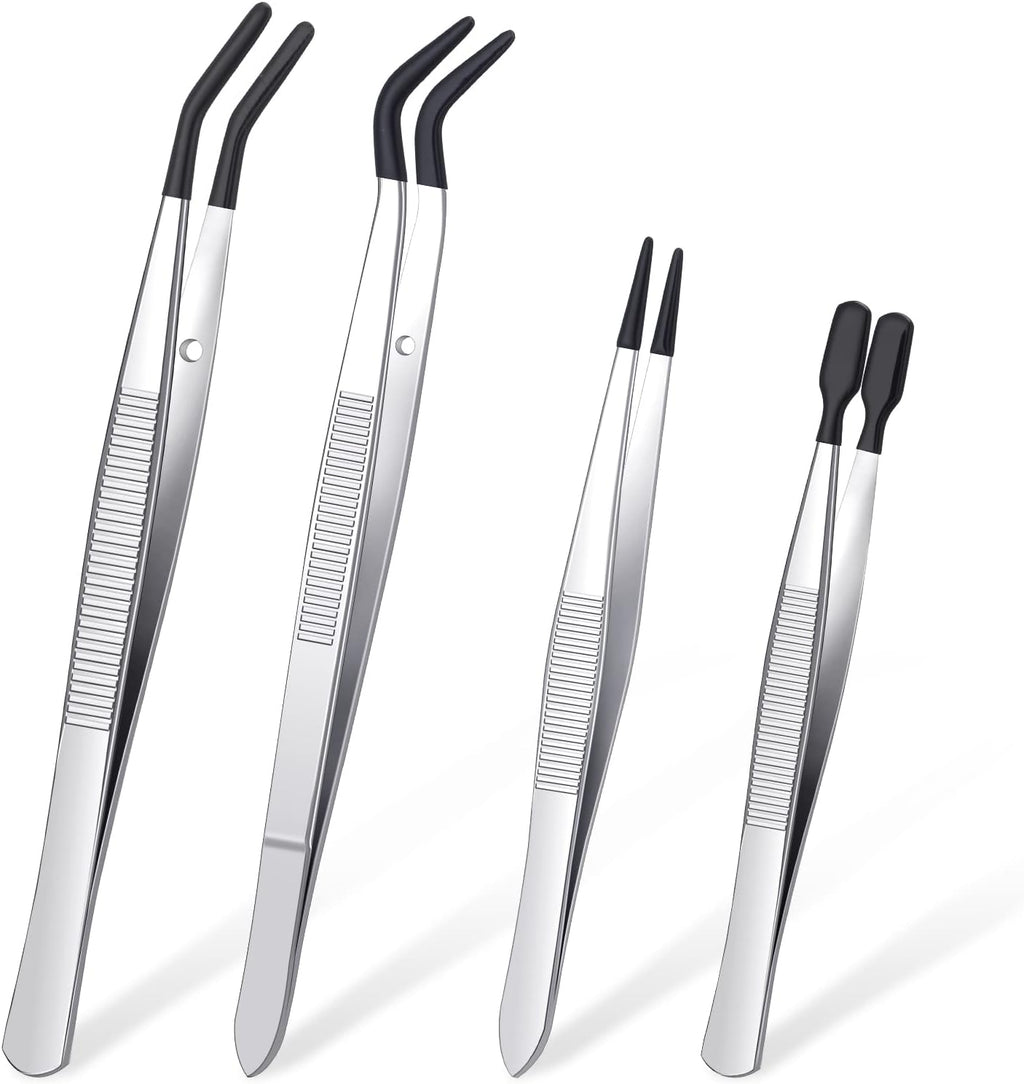DragonflyDreams 4 Pieces Tweezers with Rubber PVC Coated Set, Straight Tip Tweezers Rubber Flat Tip Long Bent Tweezer for Crafts Stamps Beads Jewelry Tools (Rubber Tweezer)
