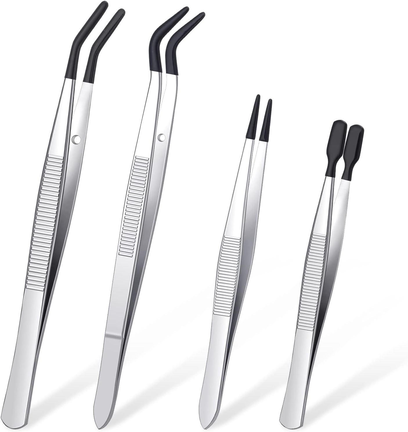 DragonflyDreams 4 Pieces Tweezers with Rubber PVC Coated Set, Straight Tip Tweezers Rubber Flat Tip Long Bent Tweezer for Crafts Stamps Beads Jewelry Tools (Rubber Tweezer)