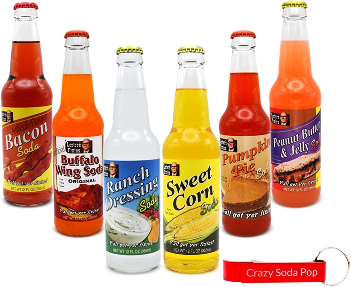 Generic Lester's Fixins Soda | 6 Pack of Unique, Weird, and Unusual Flavors of Food Soda Pop with Real Cane Sugar | 12 oz Glass Bottles in a Mixed 6 Pack Sampler with Crazy Soda Pop Bottle Opener