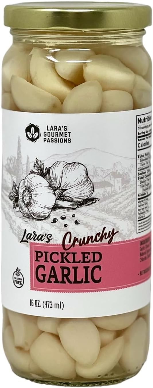 Lara's Pickled Garlic in Jar (2 Pack, 16 fl oz each) - Crunchy, Mild Treat - Ready-to-Use Garlic Cloves for Gourmet Snacking and Culinary Adventures