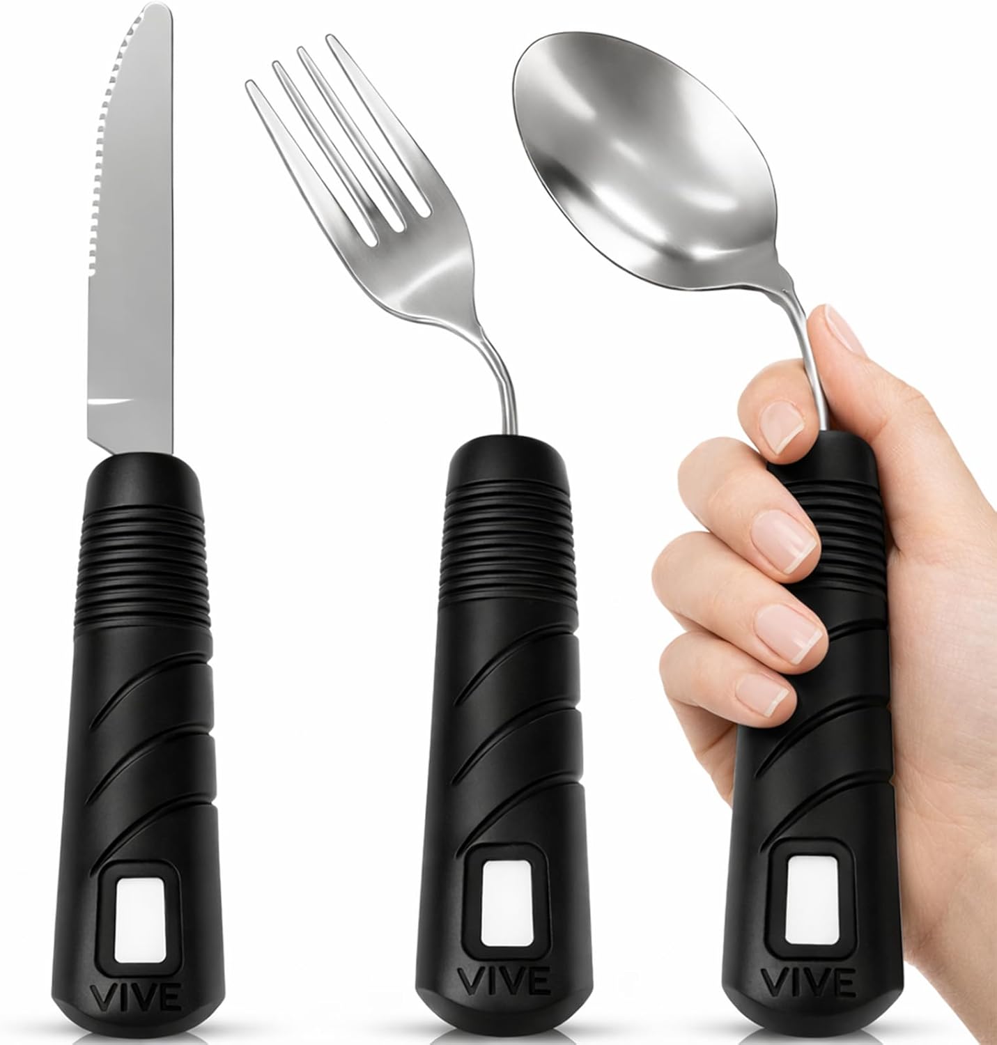 Vive Adaptive Utensil Set - Arthritis Aid Silverware for Parkinsons, Hand Tremors - Easy Grip for Shaking and Trembling Hands - Heavy Stainless Steel Spoon (Bendable)