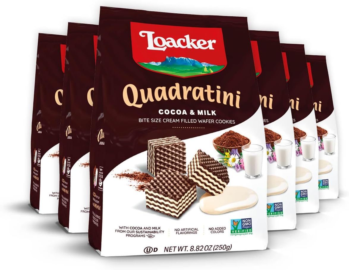 Loacker Quadratini Cocoa & Milk Wafer Cookies LARGE - 30% Less Sugar - Premium Crispy Bite Size Cocoa Wafers - NON-GMO - LARGE Pack of 6