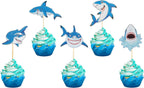 30Pcs Shark Cupcake Toppers Happy Birthday Sea Cake Picks for Shark Ocean Theme Kids Birthday Baby Shower Party Supplies