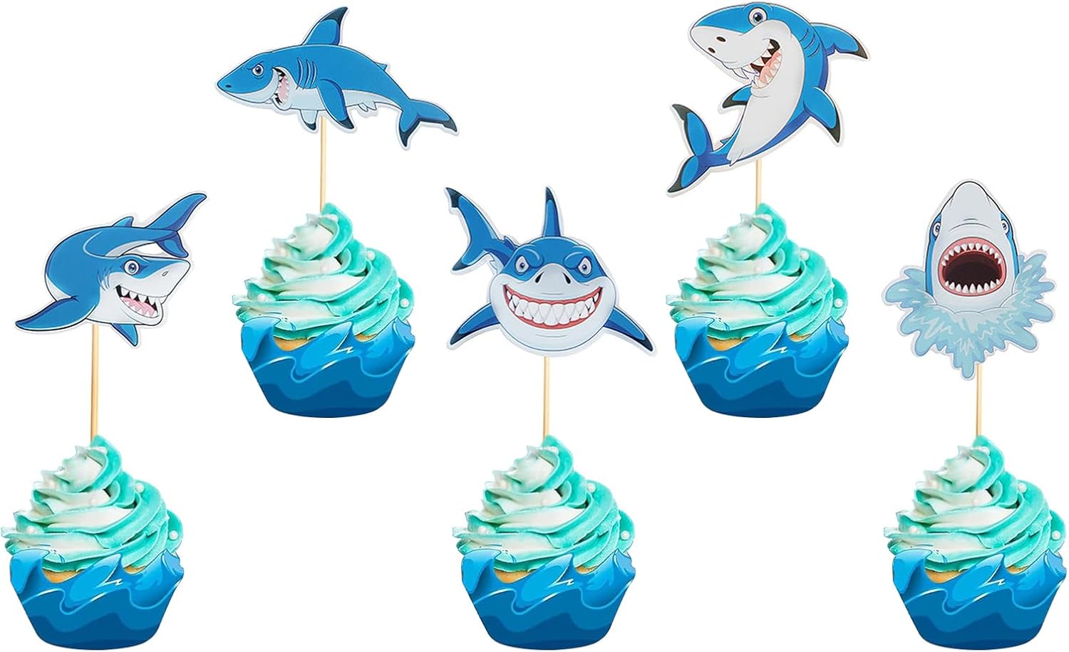 30Pcs Shark Cupcake Toppers Happy Birthday Sea Cake Picks for Shark Ocean Theme Kids Birthday Baby Shower Party Supplies