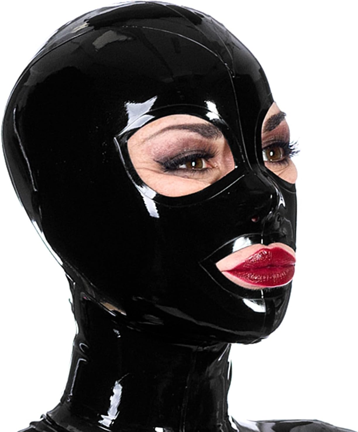 Black Latex Hood Open Eyes Mouth Nose Back Zipper Beautiful Tight Rubber Mask Club Party Wear