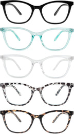 Reading Glasses 5 Pairs Square Readers for Men/Women Lightweight Blue Light Eyeglasses with Spring Hinge