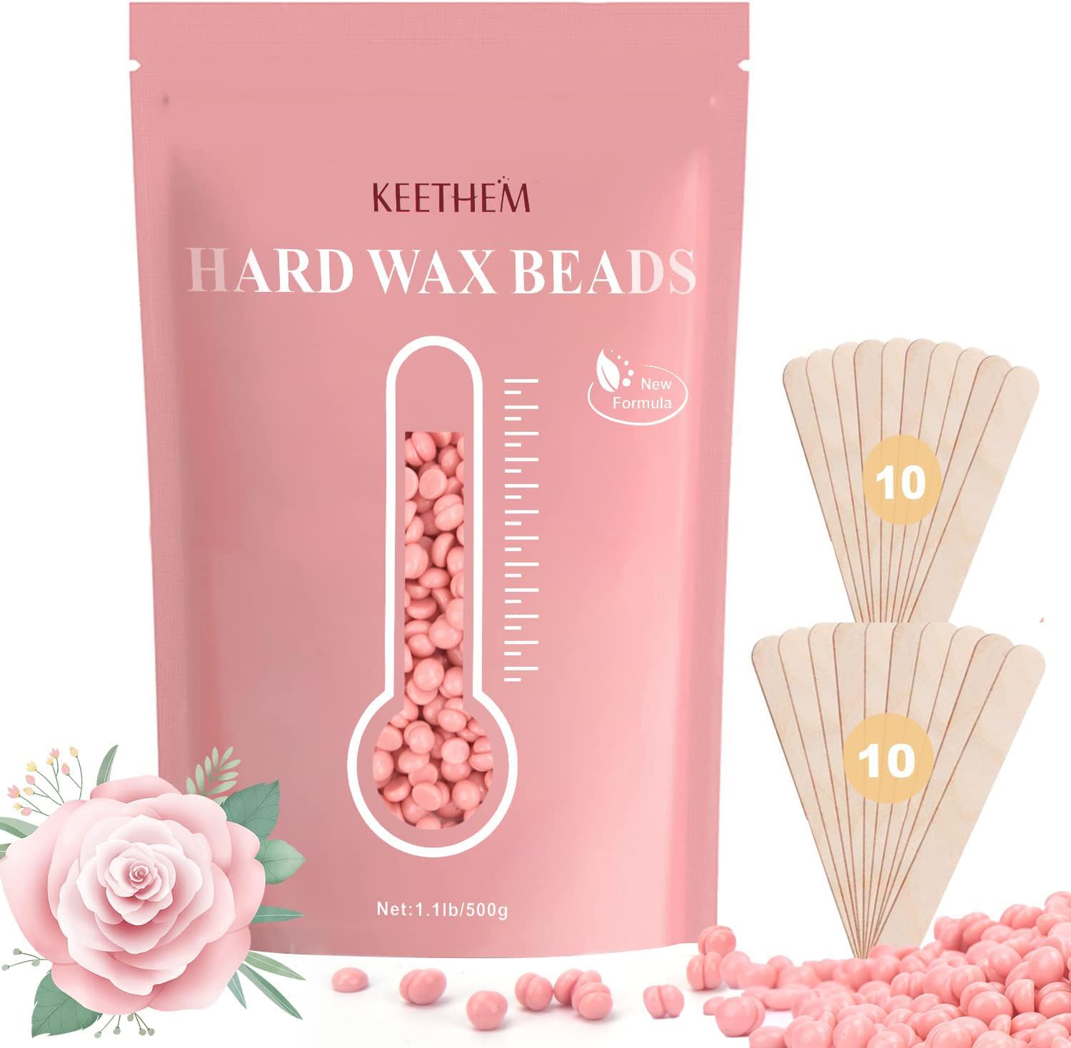 Hard Wax Hair Removal Beads - Painless Waxing for Sensitive Skin, Full Body Wax Beans with 20 Sticks for Women Men Bikini Brazilian, Armpit, Home Use (Rose, 1.1lb/17.6oz)