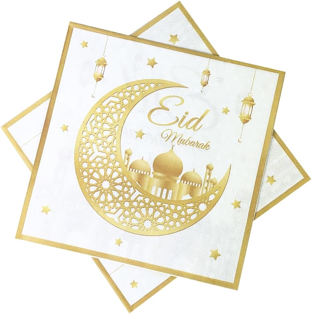 24-Pack Ramadan Kareem Eid Mubarak Disposable Napkins, Arabic Letter Design Themed Paper Napkins for Eid Al-Fitr Party Decorations, 6.5"x6.5" (Folded), 13"x13" (Unfolded), 2-Ply, Gold, Paper