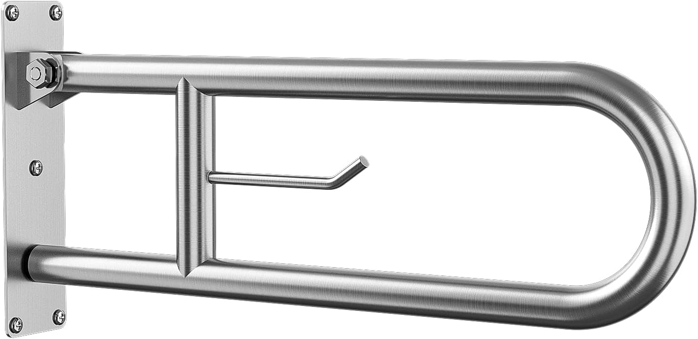 23.6 Inch Foldable Toilet Grab Bars, Bathroom Stainless Steel Handrails with Paper Holder, Handicapped Flip-Up Handles, Senior Safety Rails, Wall Mounted Hand Grips, for Elderly, Disabled, Pregnant