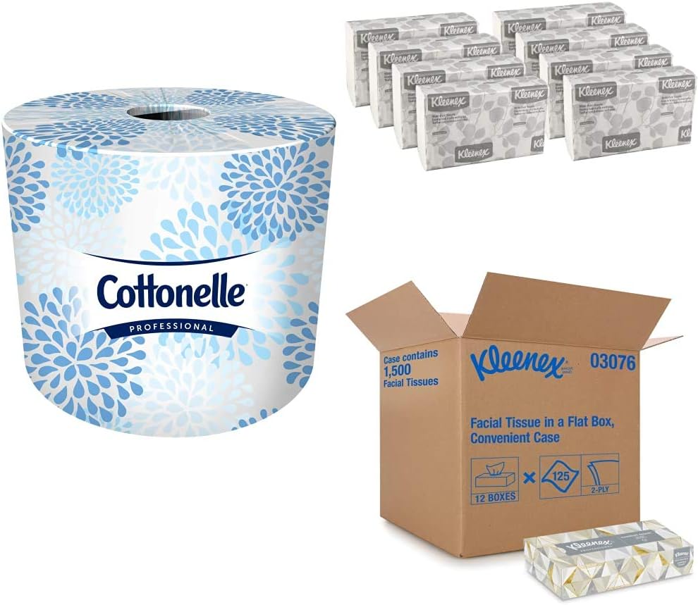 Cottonelle Professional Bulk Toilet Paper for Business (13135) with Kleenex Multifold Paper Towels (02046) with Kleenex Professional Facial Tissue for Business (03076)