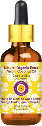 Deve Herbes Natural Organic Extra Virgin Coconut Oil (Cocos nucifera) with Glass Dropper | Cold Pressed | Pure | for Diluting Essential Oils | Hair & Skin | Lightweight| Unisex | 50ml (1.69 oz)
