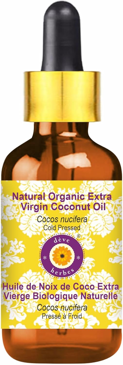 Deve Herbes Natural Organic Extra Virgin Coconut Oil (Cocos nucifera) with Glass Dropper | Cold Pressed | Pure | for Diluting Essential Oils | Hair & Skin | Lightweight| Unisex | 50ml (1.69 oz)