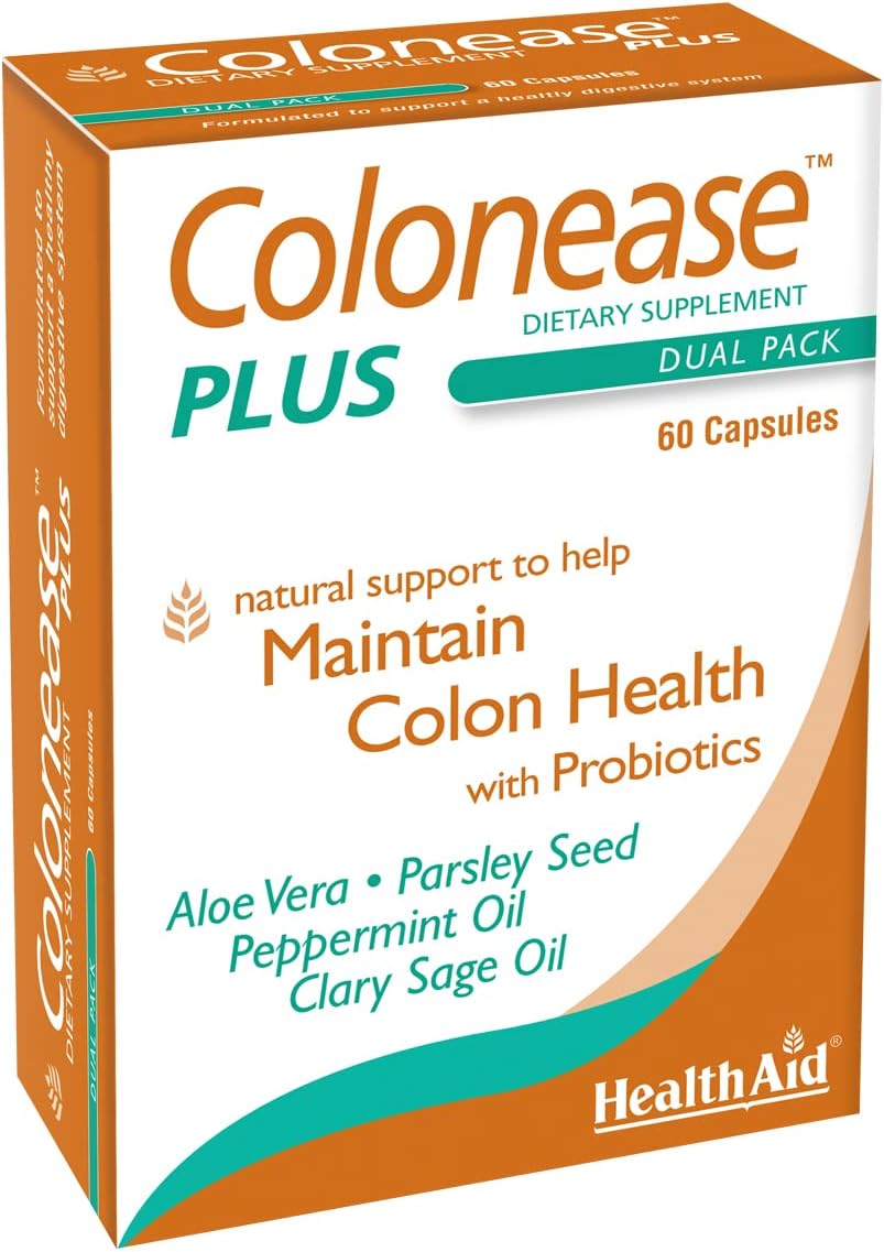 HealthAid ColonEase Plus – Herbal Digestive Support with Probiotics | Aloe Vera, Peppermint Oil, Clary Sage Oil & Parsley Seed | 60 Vegetarian Capsules