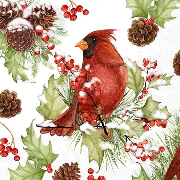 IHR Ideal Home Range Cocktail Napkins Disposable 3-Ply Paper Party Napkin Pack, 5" x 5", Cardinals In Holly, 20-Count