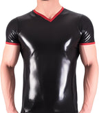 Men's Latex T-shirt Top,Latex Rubber V-neck Short Sleeved Handmade Costumes for Rave Party Theme Club