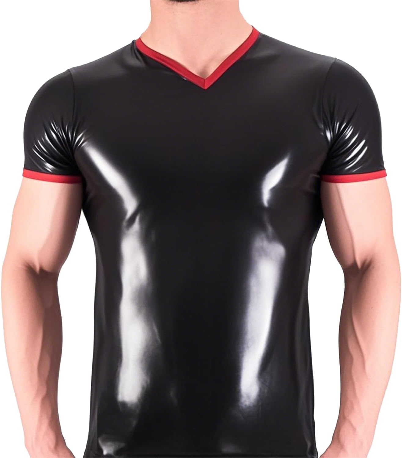 Men's Latex T-shirt Top,Latex Rubber V-neck Short Sleeved Handmade Costumes for Rave Party Theme Club