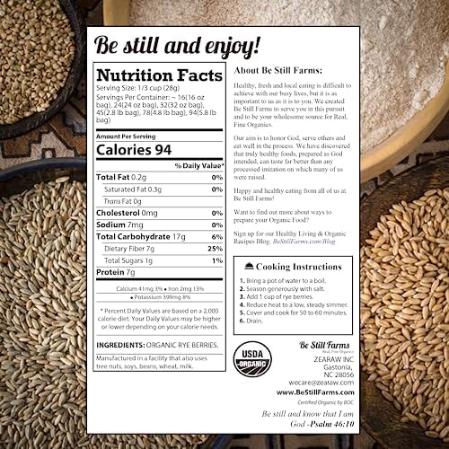 Be Still Farms Organic Rye Berries Bulk (5.8 lb) - Whole Rye Grain Seeds - Kernels Great for Flour, Bread, Cereal - High in Fiber & Protein | USA Grown | USDA Certified | Vegan | Non-GMO