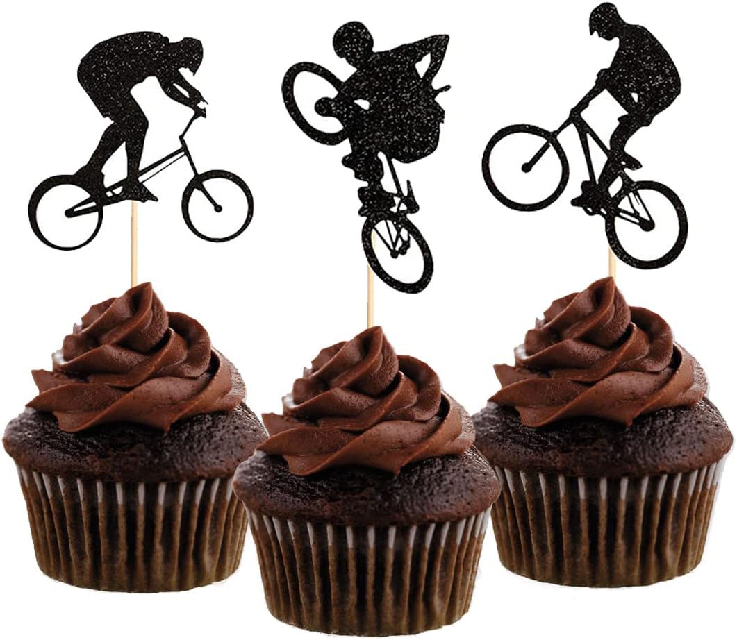 Morndew 24 PCS Cycling BMX Rider Cupcake Toppers for Bicycle Sport Theme Party Birthday Party Wedding Party Baby Shower Decorations
