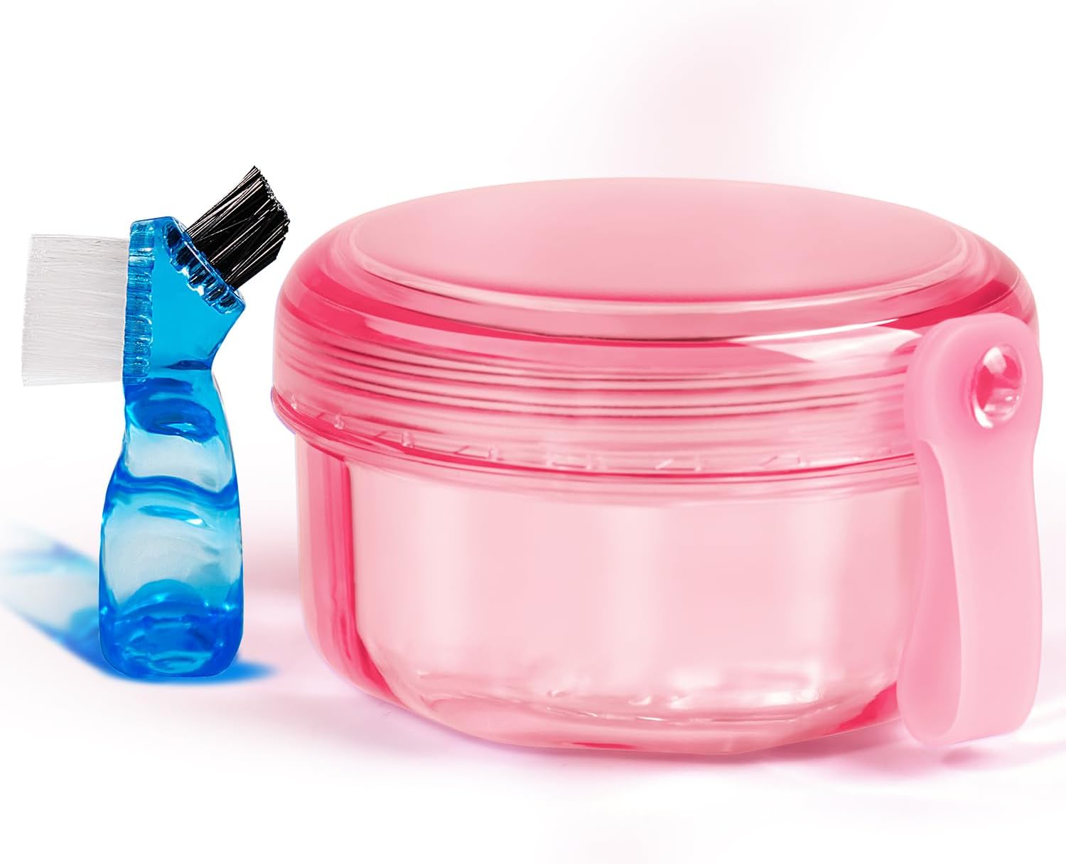 No Leak & Non-Slip Partial Denture Case Retainer Bath Box Cup, Denture Soaking Cup False Teeth Holder Box Case with Strainer Basket and Brush,Dishwasher safe - Transparent Pink