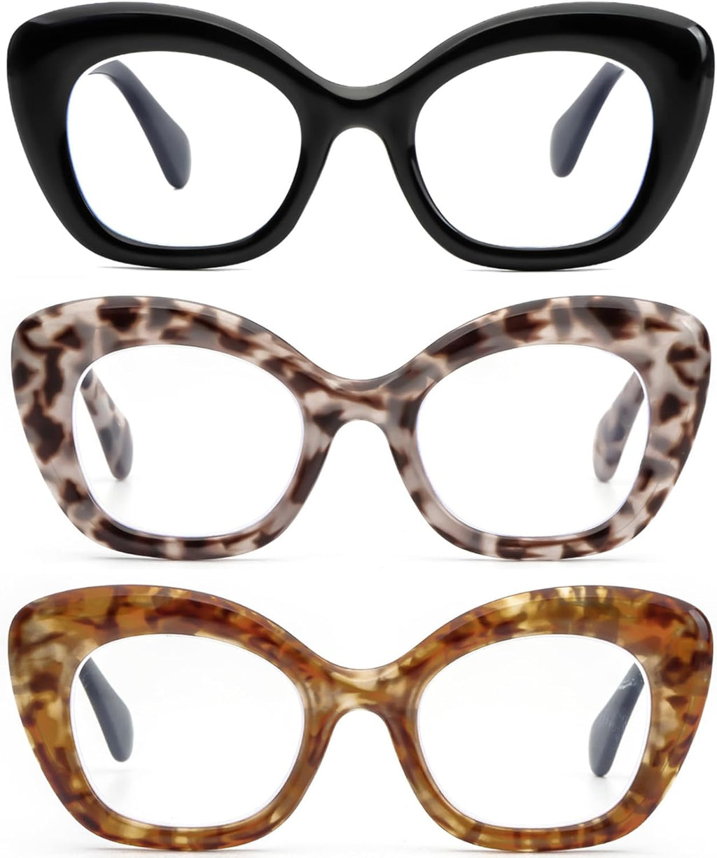 REAVEE 3 Pack Oversized Cat Eye Reading Glasses for Women men Thick Frame, Blue Light Blocking Readers Stylish Large Eyewear