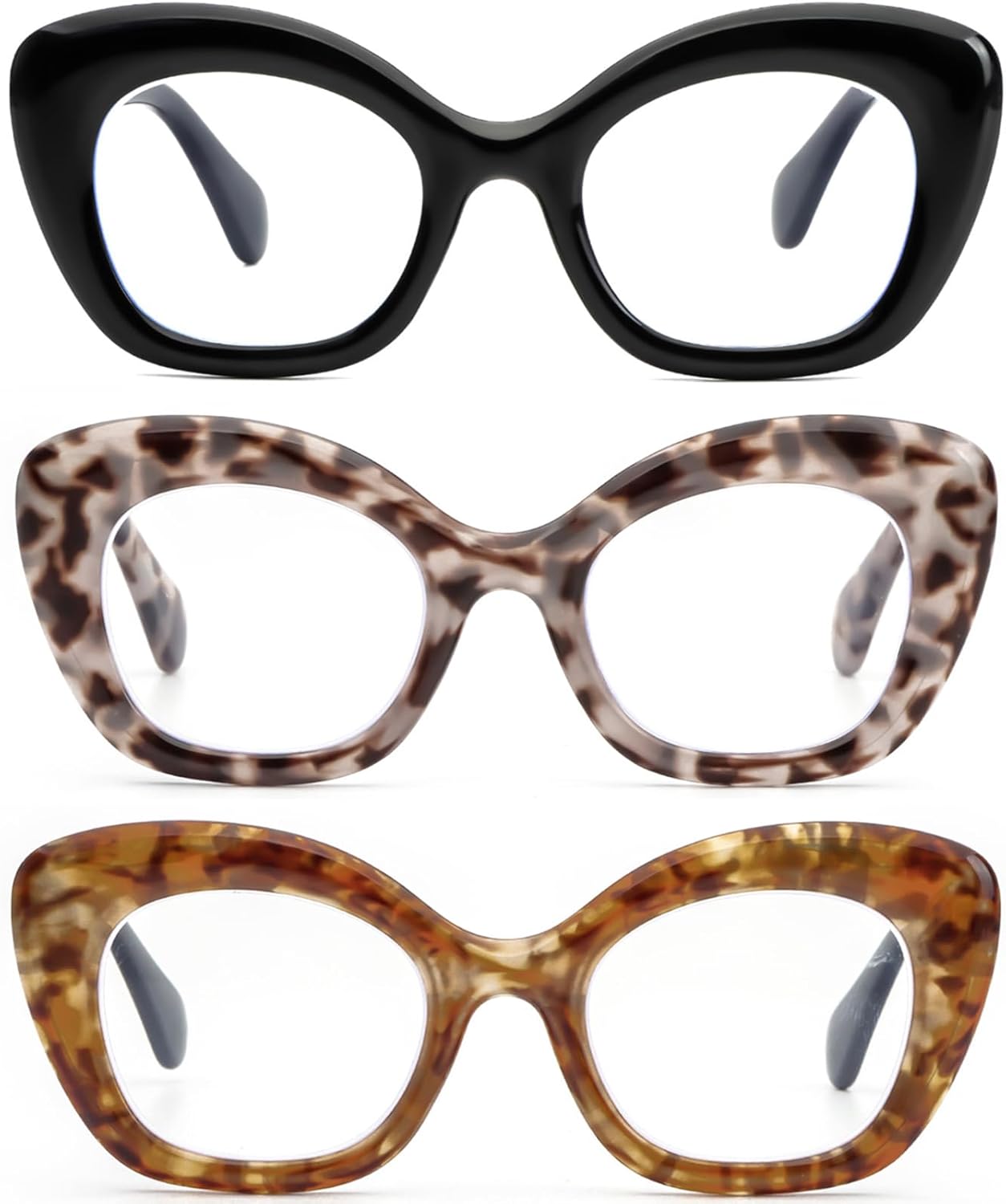 REAVEE 3 Pack Oversized Cat Eye Reading Glasses for Women men Thick Frame, Blue Light Blocking Readers Stylish Large Eyewear