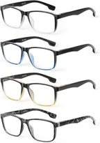 4 Pack Reading Glasses Men Blue Light Blocking with Spring Hinge, Anti Eyestrain/UV Large Wide Square Computer Readers