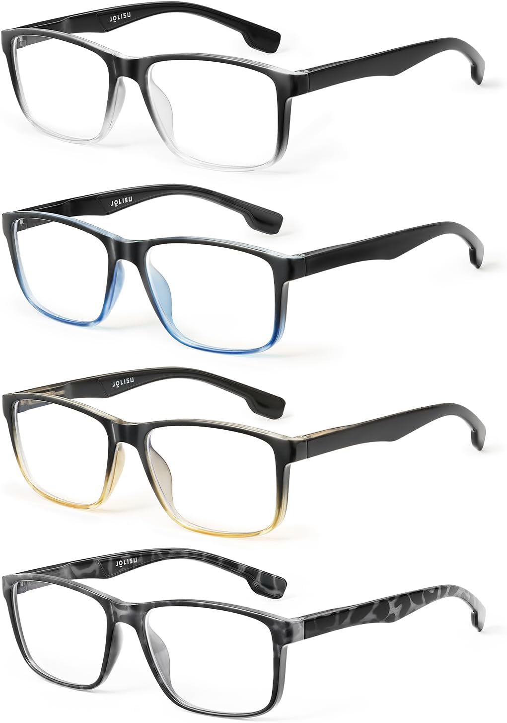 JOLISU 4 Pack Reading Glasses Men Blue Light Blocking with Spring Hinge, Anti Eyestrain/UV Large Wide Square Computer Readers