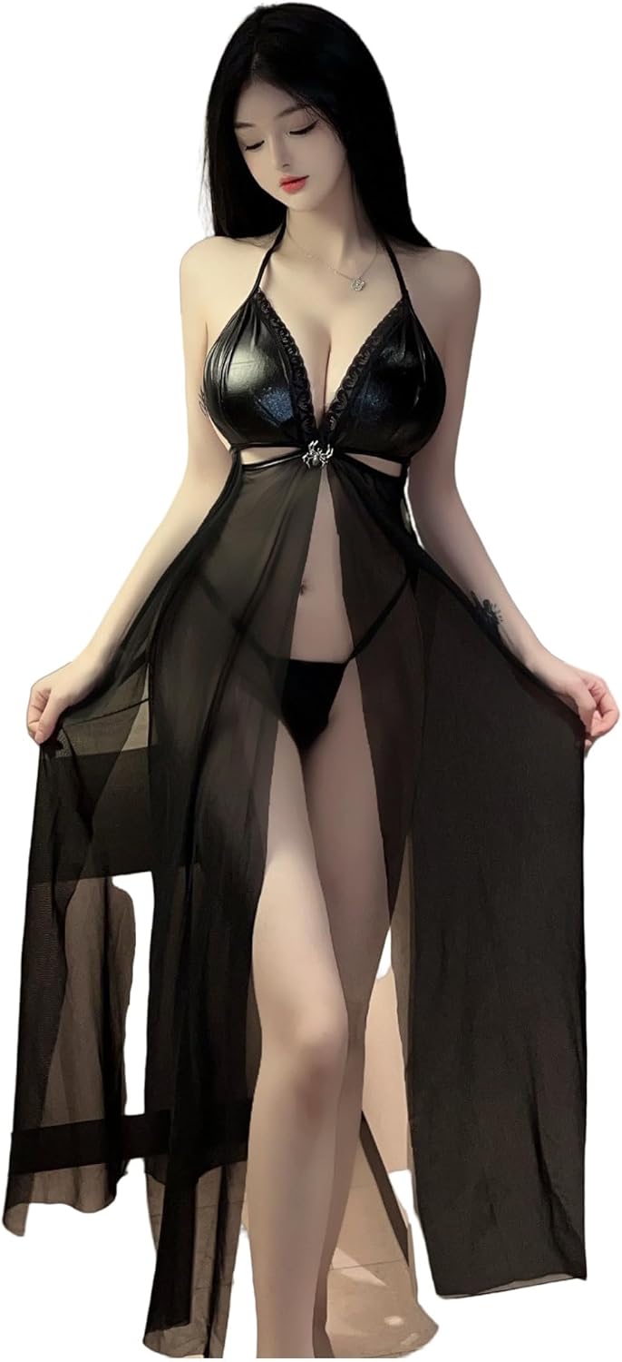 Lace strapless see-through seductive pyjamas sexy slit skirt halter lace uniform set