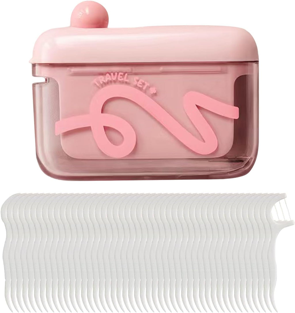 Travel Floss Picks with Case - Automatic Pop-Up Dispenser, 50 Count Dental Flosser, Portable and Refillable for Home, Restaurant, and Oral Care (Medium, Pink Box)