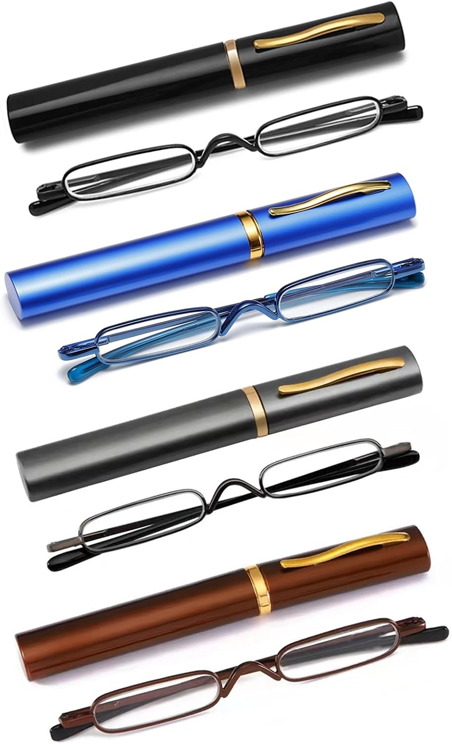 4 Pack Slim Pen Reading Glasses Metal Frame & Case Compact Portable Spring Hinge Eyeglasses for Women Men (Black, Blue, Gunmetal, Brown, +2.00)