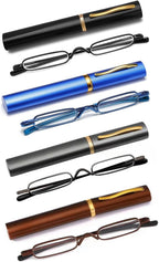 4 Pack Slim Pen Reading Glasses Metal Frame & Case Compact Portable Spring Hinge Eyeglasses for Women Men (Black, Blue, Gunmetal, Brown, +2.00)