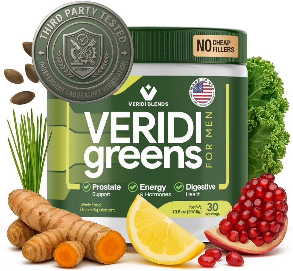 Veridi Greens for Men 40+ – Superfood Powder with Saw Palmetto 200mg & Spirulina – Daily Prostate Health, Urinary Flow & Energy Support – USA Made, Third-Party Tested – Green Tea Flavor, 30 Servings